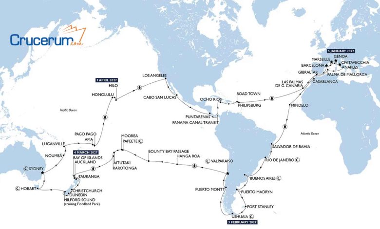 mapa del itinerario de MSC para la vuelta al mundo 2027 crucerum