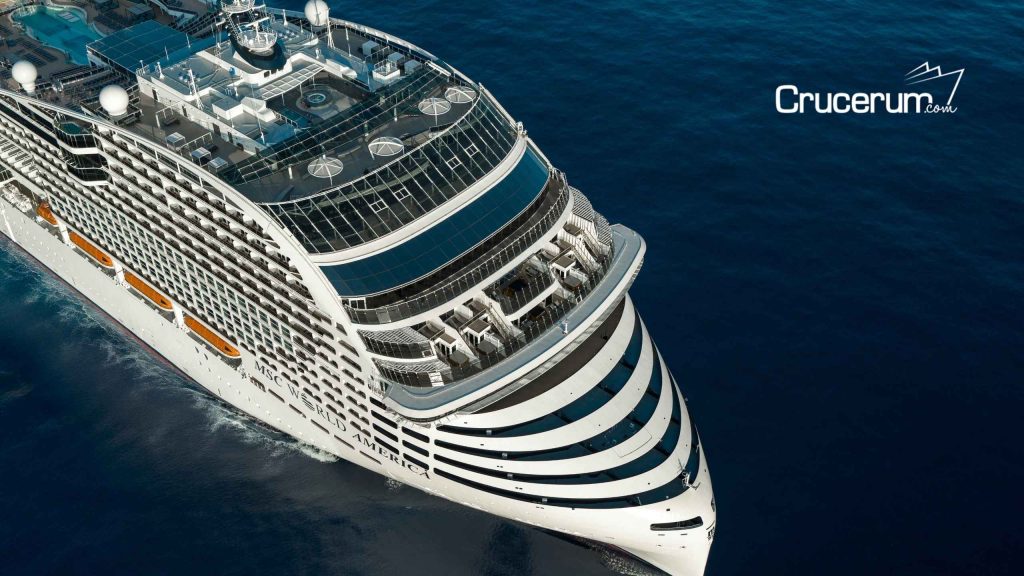 Consejos prácticos para reservar en el barco MSC World América vista aerea de la parte frontal